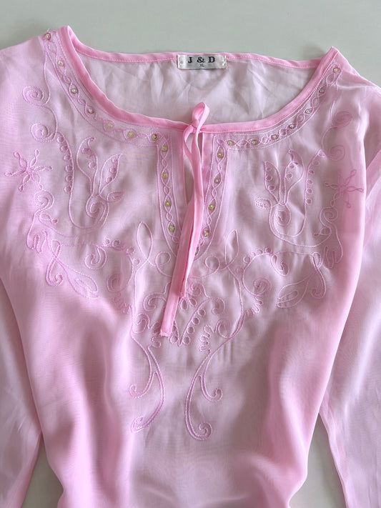 Pink Embroidered Sheer Top-Bust 44
