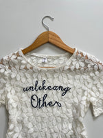 Load image into Gallery viewer, WHITE LACE TYPOGRAPHY SHEER TOP - BUST 28 TO 30