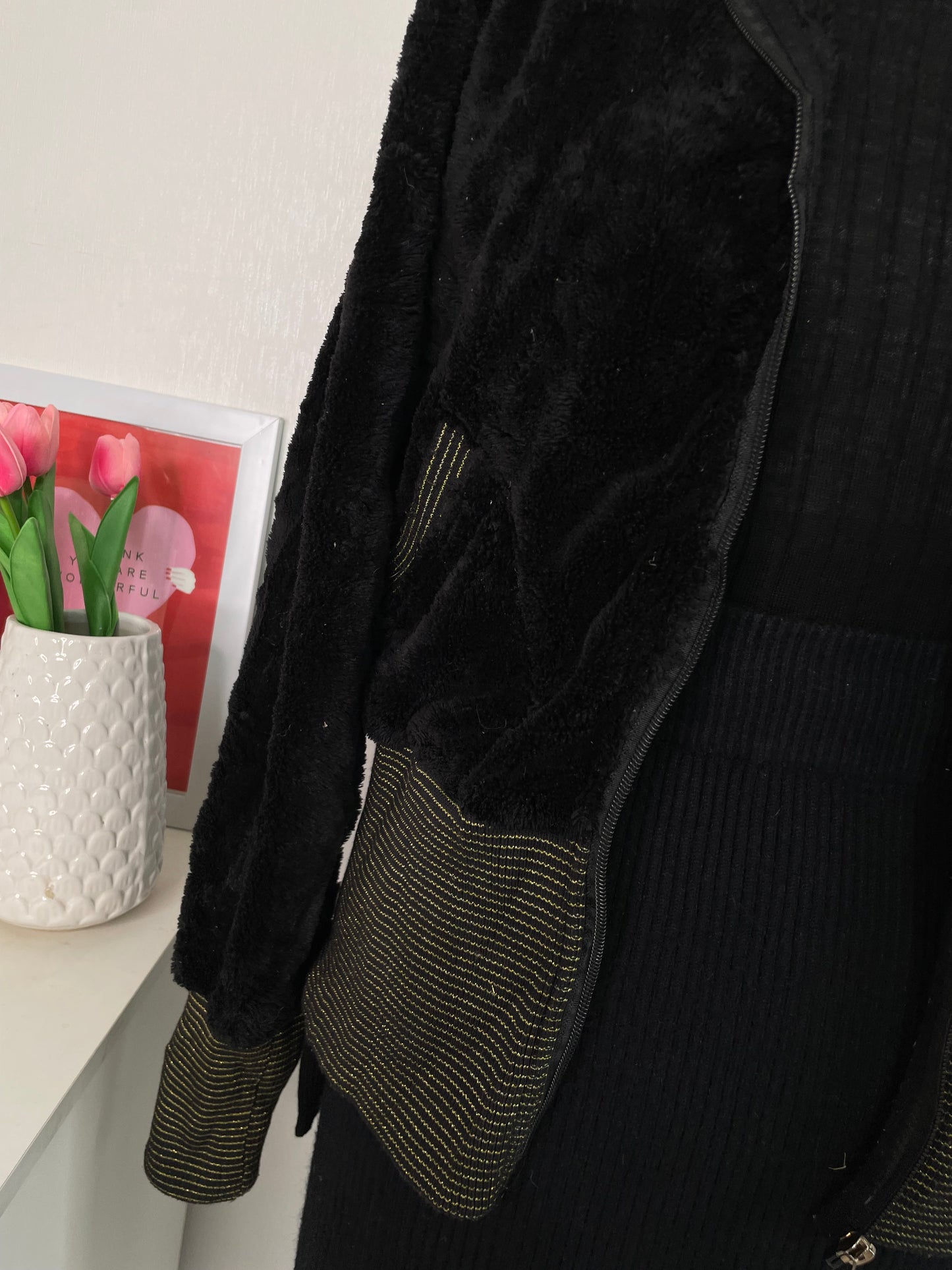 Black Hooded Fur Jacket-Bust 38
