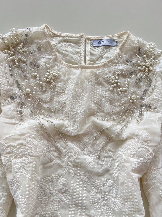 White Icy Hand Embroidered Sheer Top-Bust 40