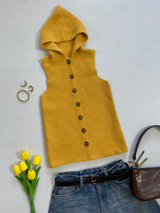 Yellow Hooded Knit Sweater Vest - Bust 30 to 32