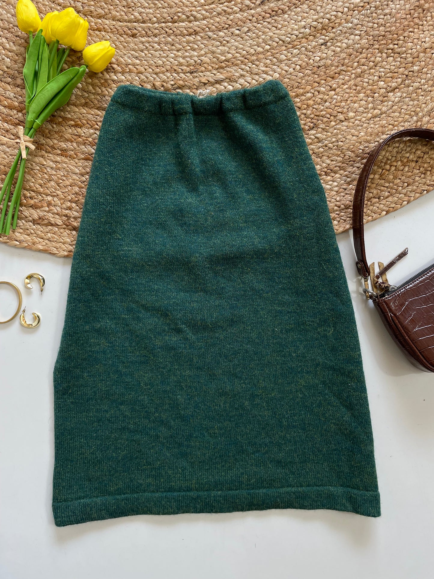 Green Knit Long Skirt - Waist 26 to 32