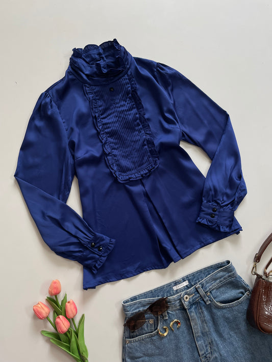 VINTAGE BLUE SATIN TOP - BUST 38