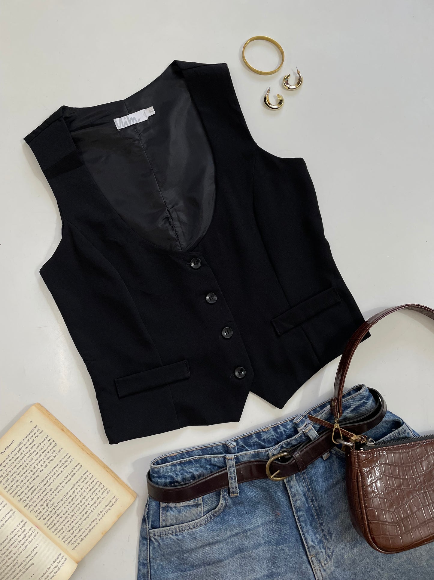 Mim Solid Black Waistcoat - Bust 36