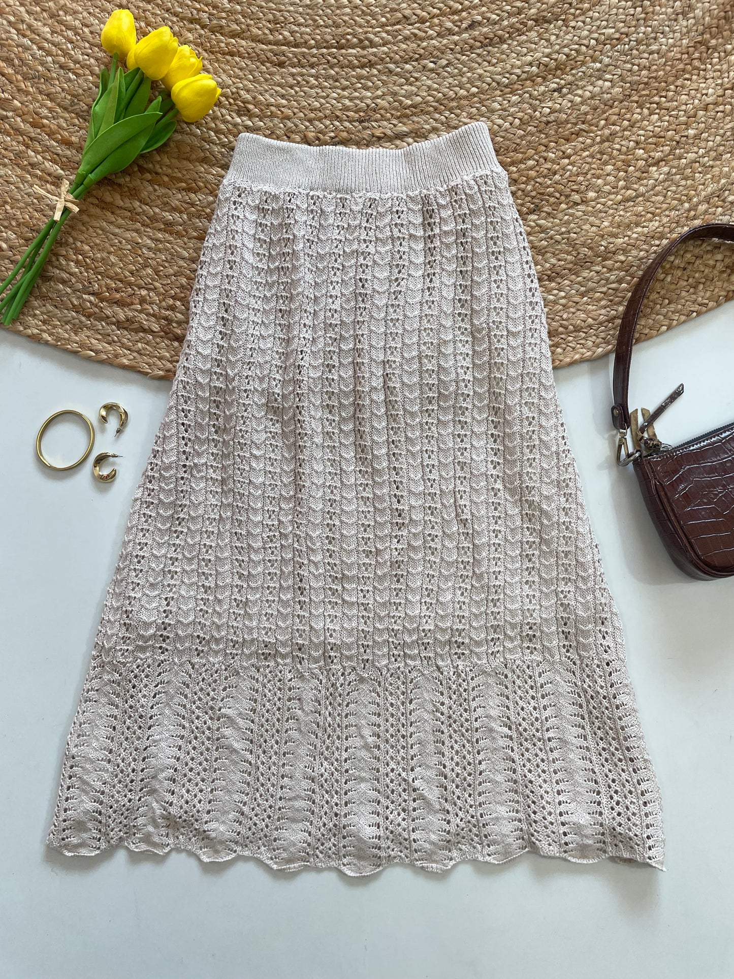 Beige Crochet Knit Long Skirt - Waist 30 to 34