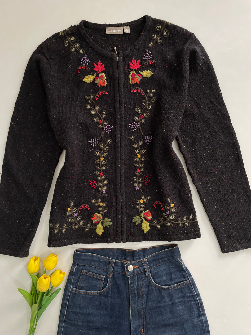 Embroidered Zipper Sweater-Bust 44