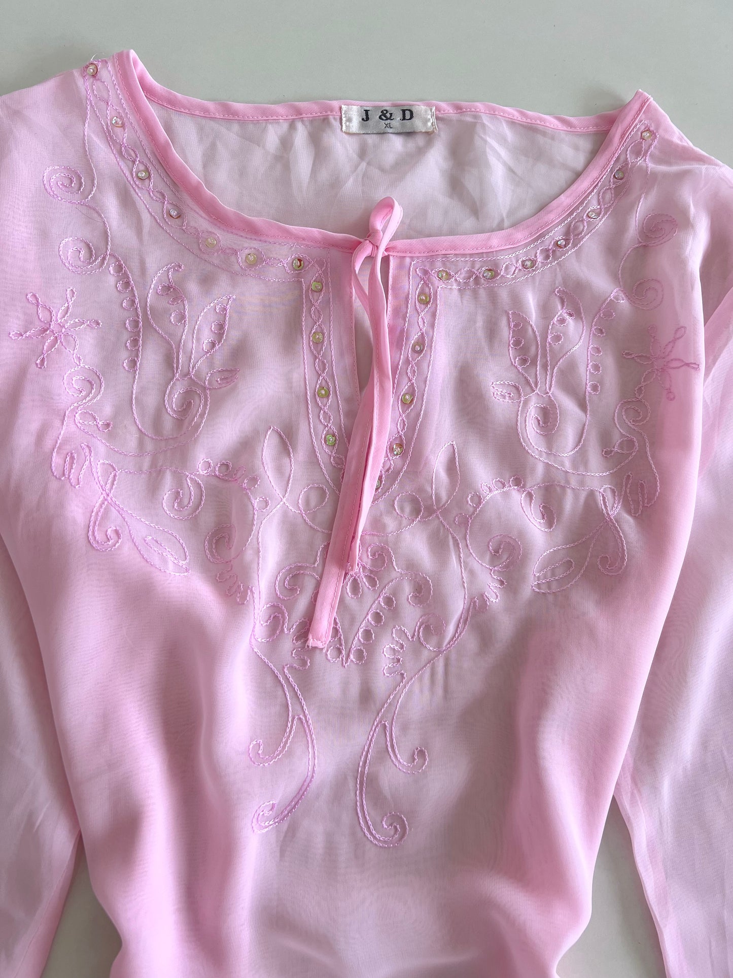 Pink Embroidered Sheer Top-Bust 44