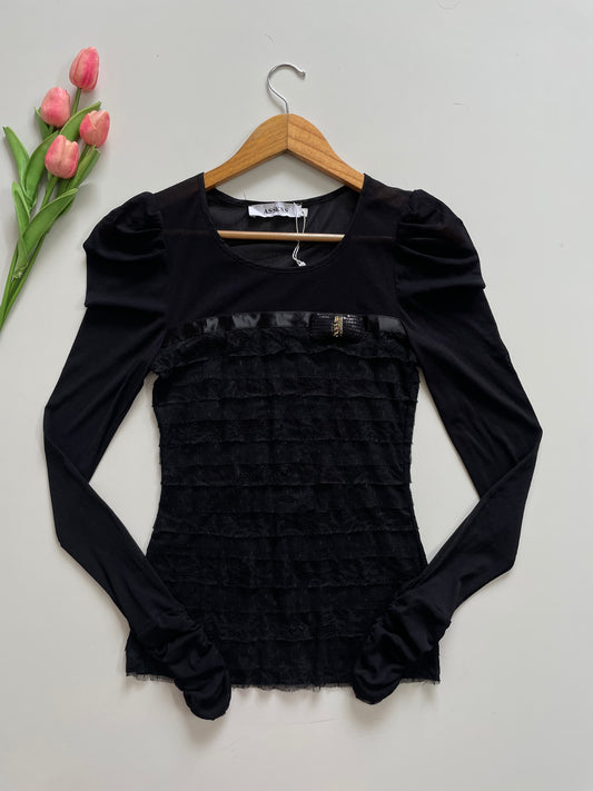 BLACK LACE LINED TOP WITH SEQUIN BOW - BUST 28 TO 30