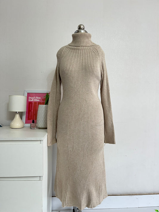 ALMOND CREAM HIGH NECK RIBBED WINTER DRESS - BUST 38 TO 42