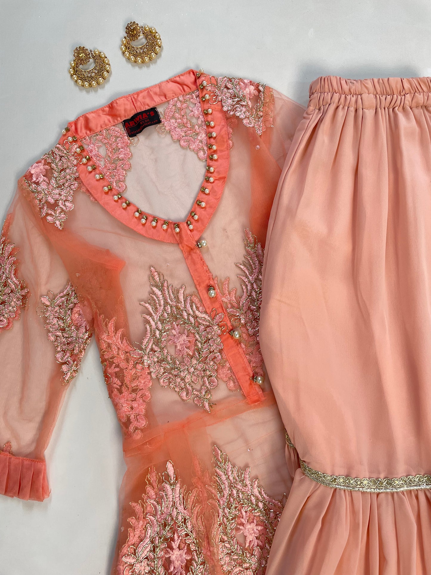 Sheer Embroidered Kurta Set-Bust 36 Waist 28 to 36