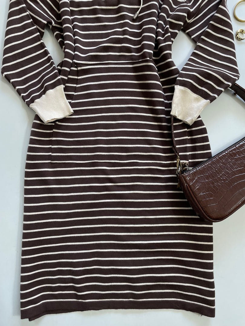 Hooded Striped Brown Warm Winter Dress - Bust 44 to 46