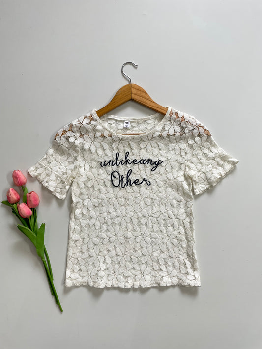 WHITE LACE TYPOGRAPHY SHEER TOP - BUST 28 TO 30