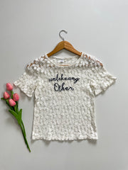 WHITE LACE TYPOGRAPHY SHEER TOP - BUST 28 TO 30
