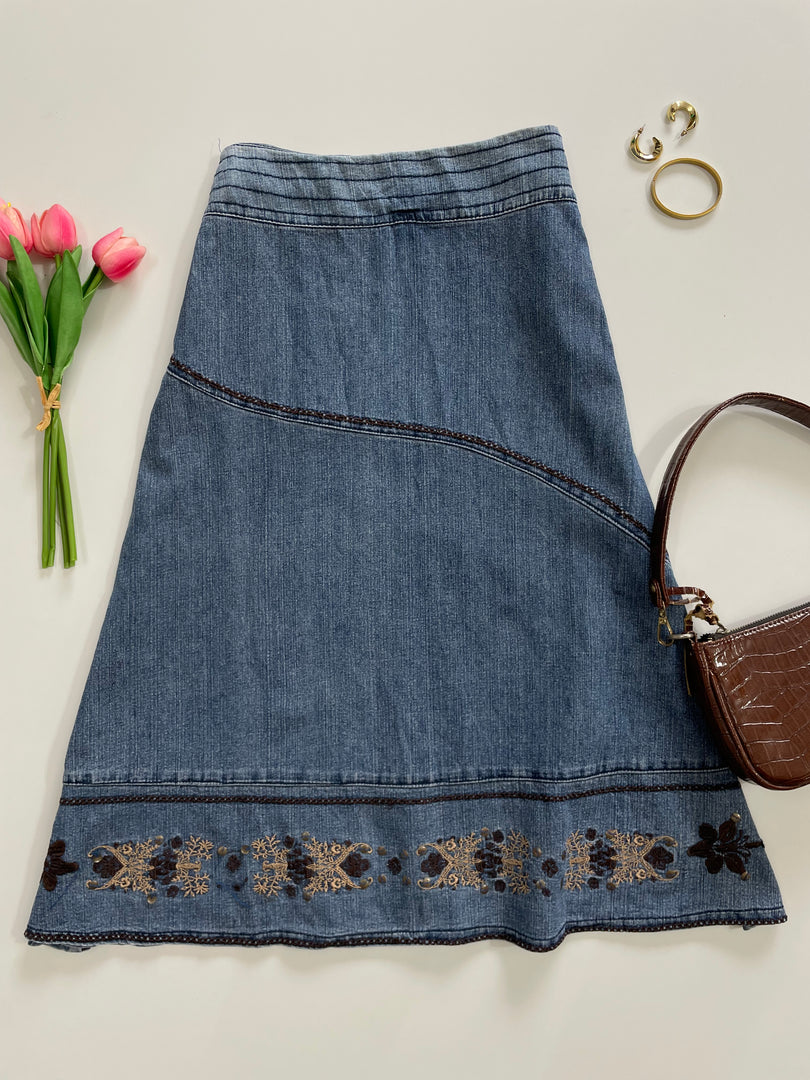 Embroidered Vintage Denim Skirt-Waist 26