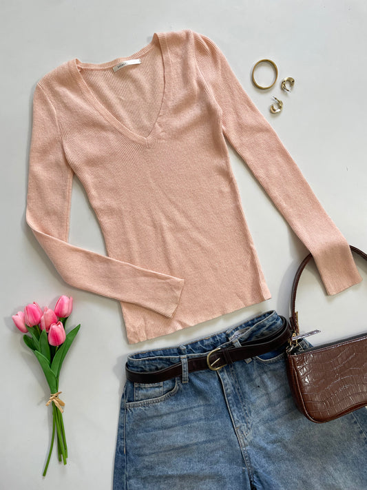 V-Neck Peach Pre Winter Top - Bust 30 to 34