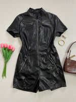 Load image into Gallery viewer, Black Faux Leather Romper - Bust 38
