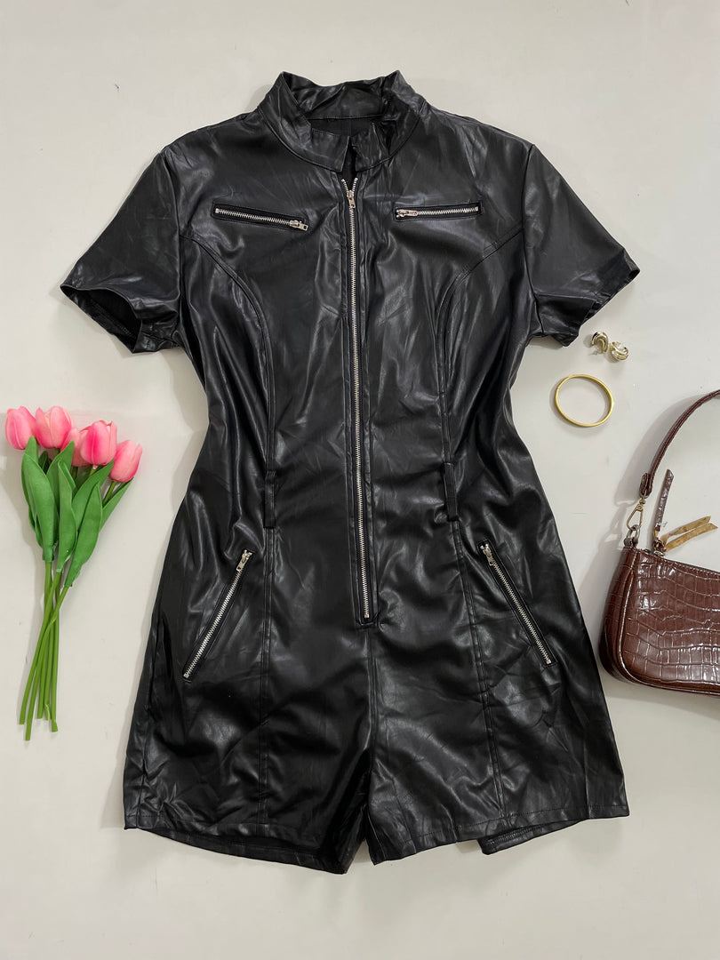 Black Faux Leather Romper - Bust 38