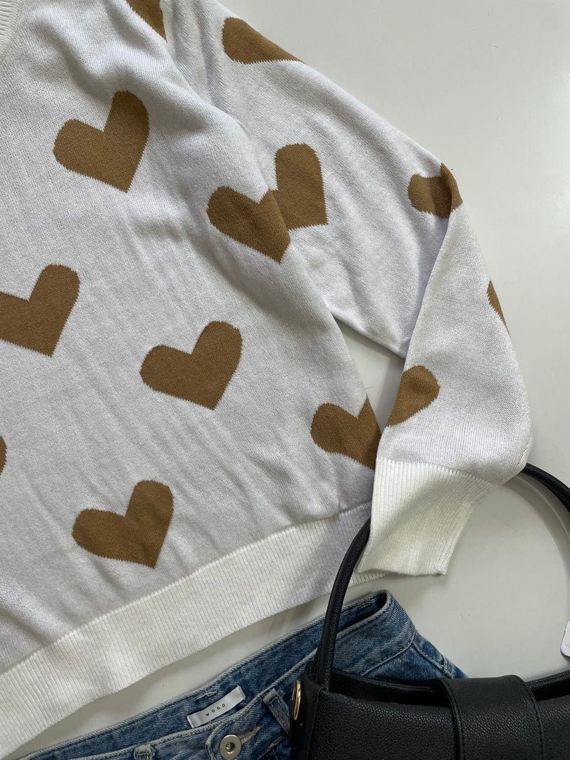 SINSAY KOREAN BROWN HEARTS SUPER SOFT SWEATER