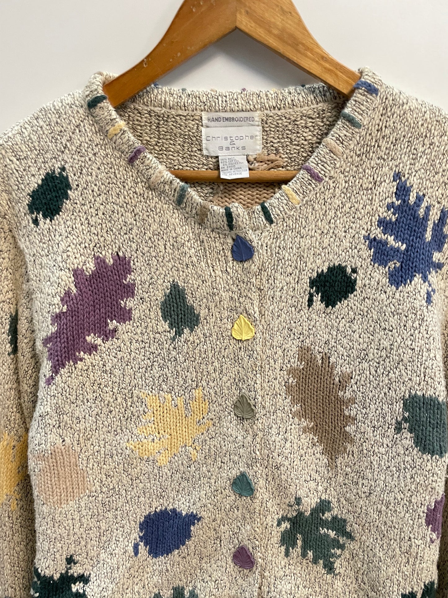 Christopher & Banks Embroidered Vintage Leaf Button Sweater-Bust 42