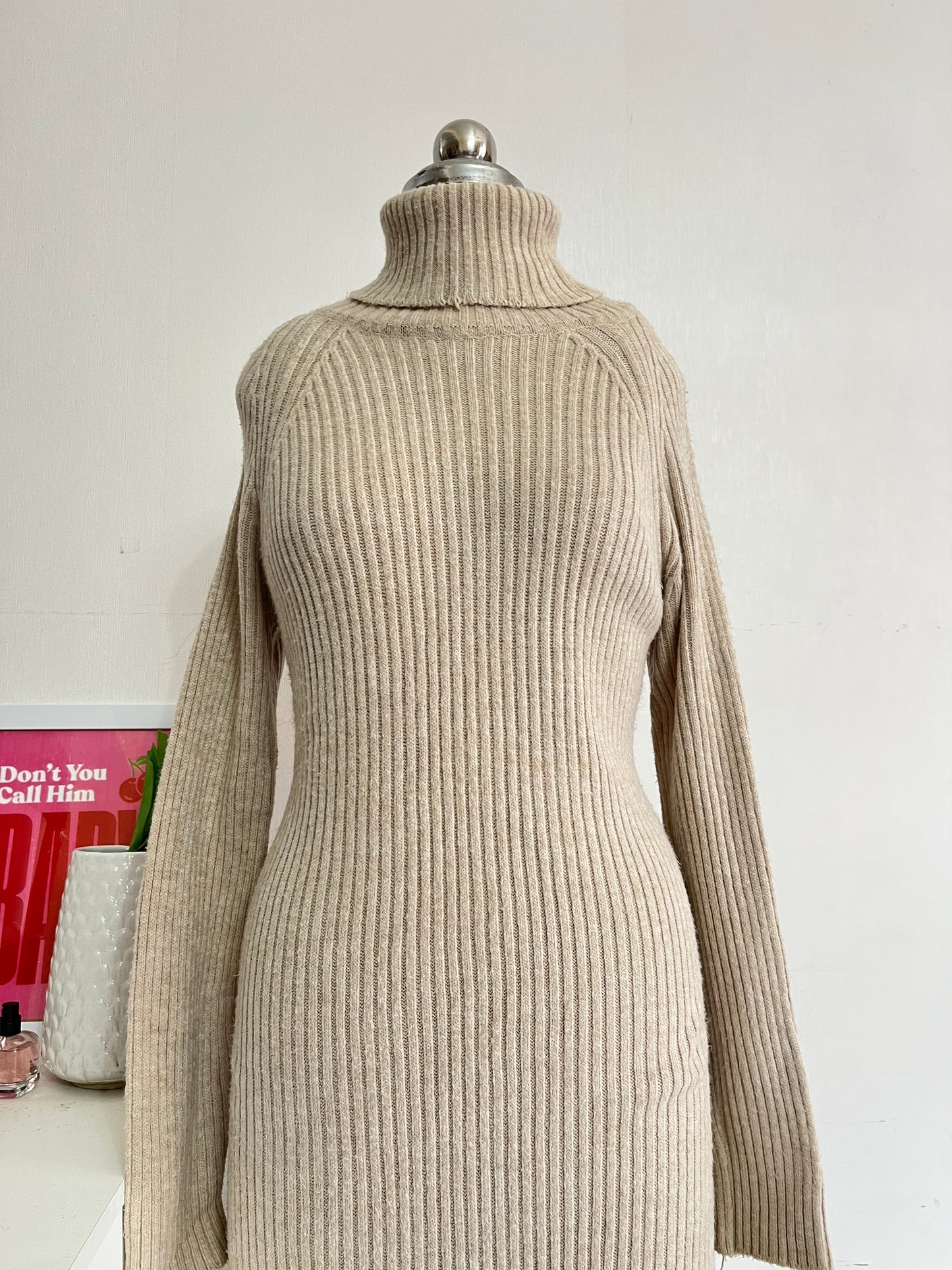 ALMOND CREAM HIGH NECK RIBBED WINTER DRESS - BUST 38 TO 42