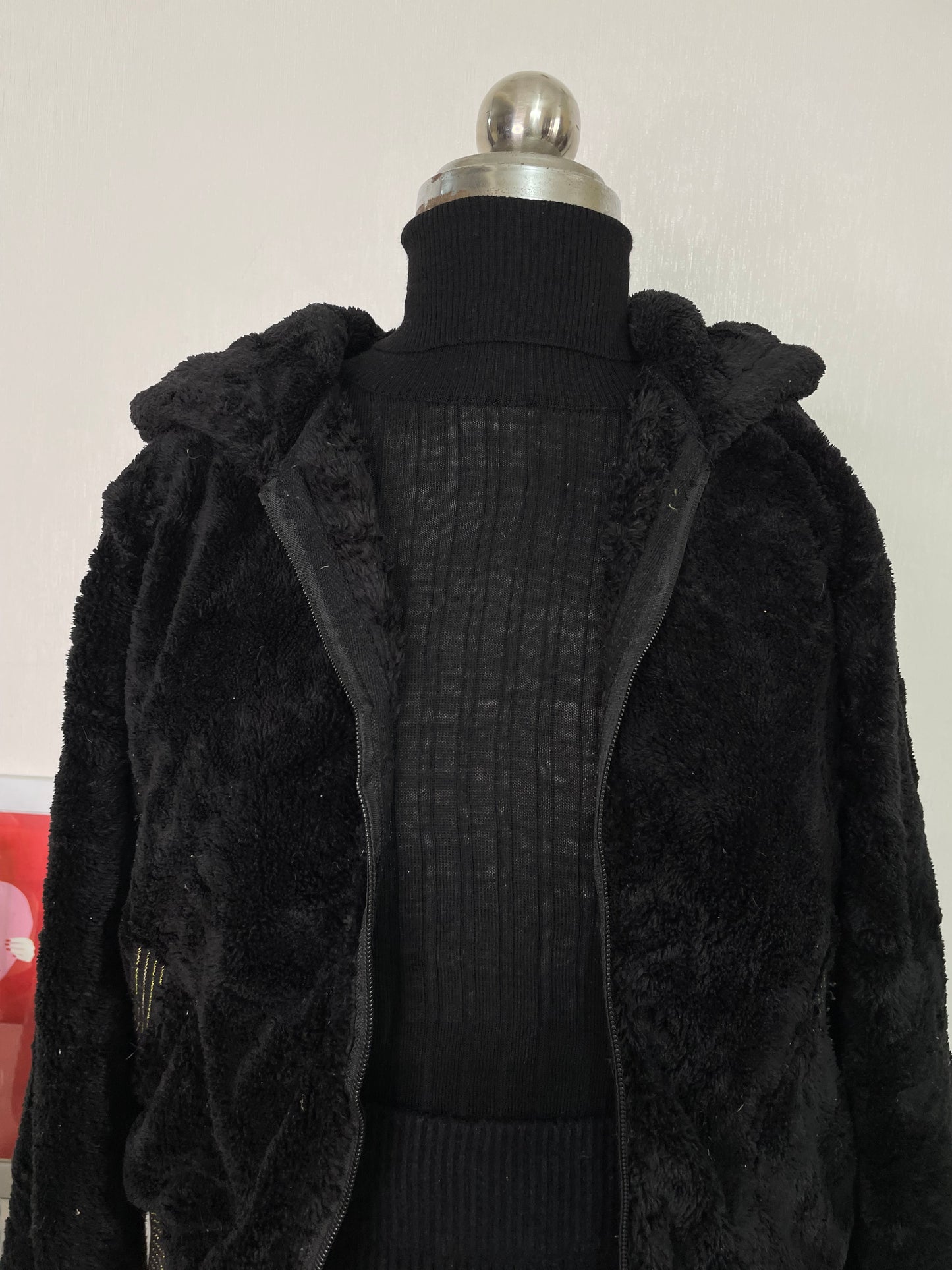 Black Hooded Fur Jacket-Bust 38