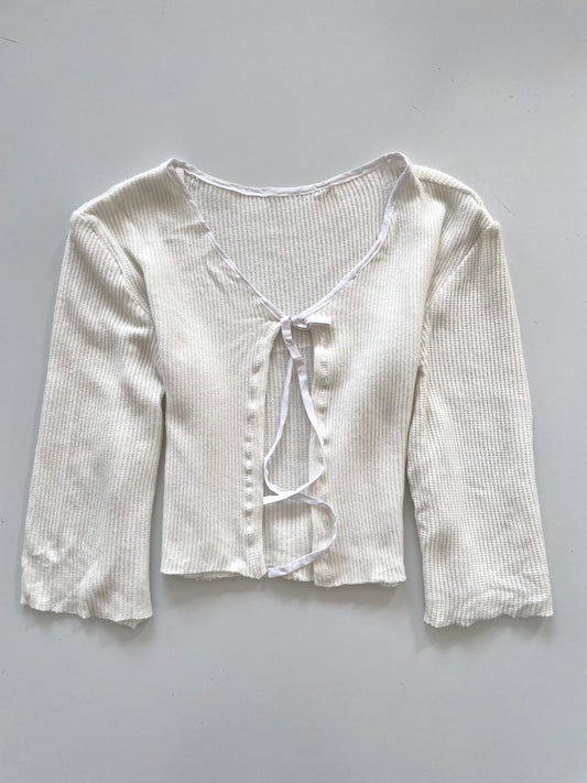 White Ribbed Knit Tie Front Soft Solid Sweater-Bust 40