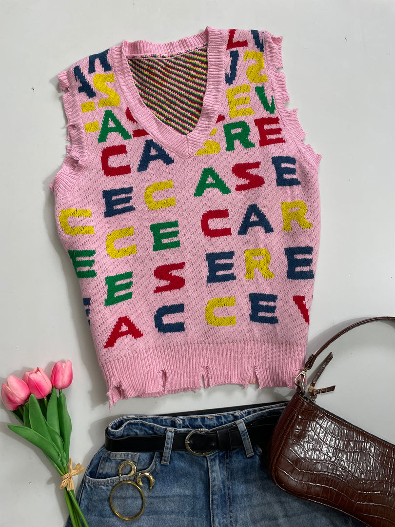 Pink Alphabet Sweater Vest - Bust 34 to 36