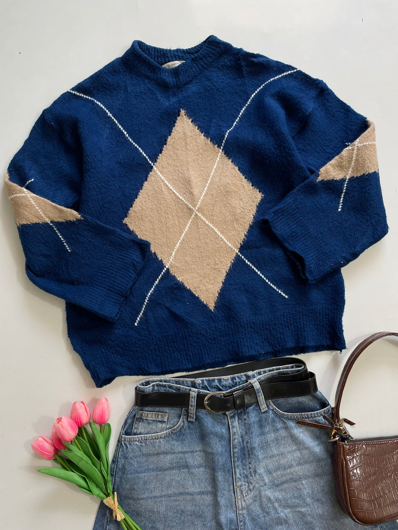 Blue Argyle Soft Chunky Sweater-Bust 42