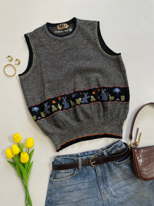 Embroidered Vintage Sweater Vest - Bust 38 to 42