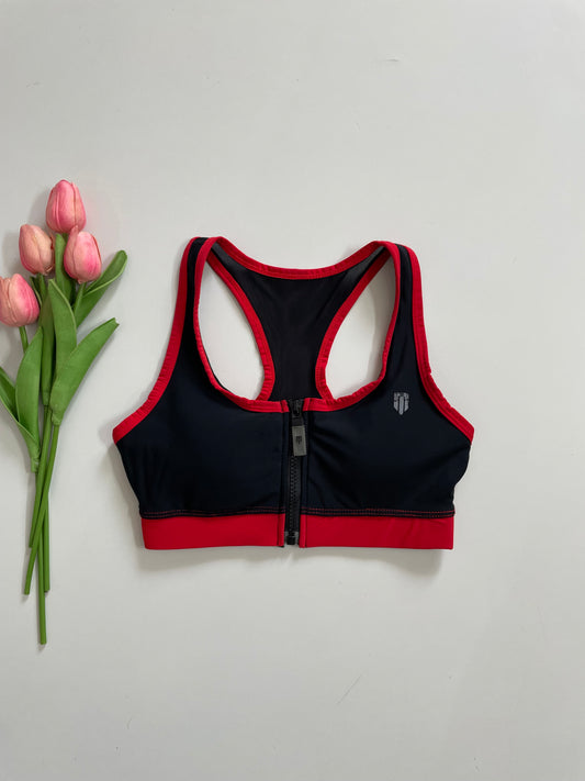 BLACK AND RED ZIP UP SPORTS BRA - BUST 28 TO 30