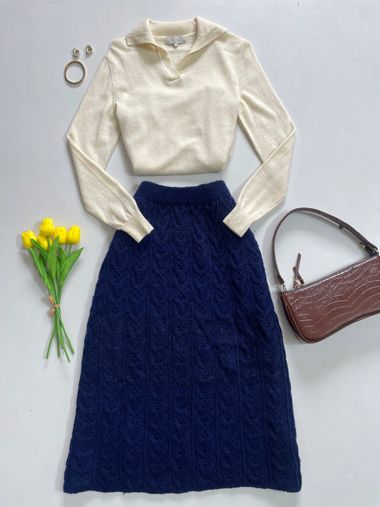 Celebshop Cream Knit - Bust 34 to 38 | Navy Blue Skirt - Waist 26 to 34