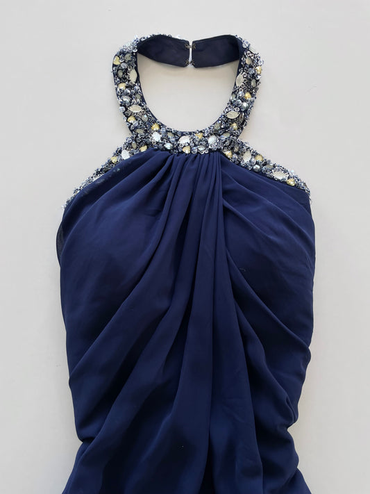 Jora Collection Embroidered Navy Blue Vintage Dress-Bust 32