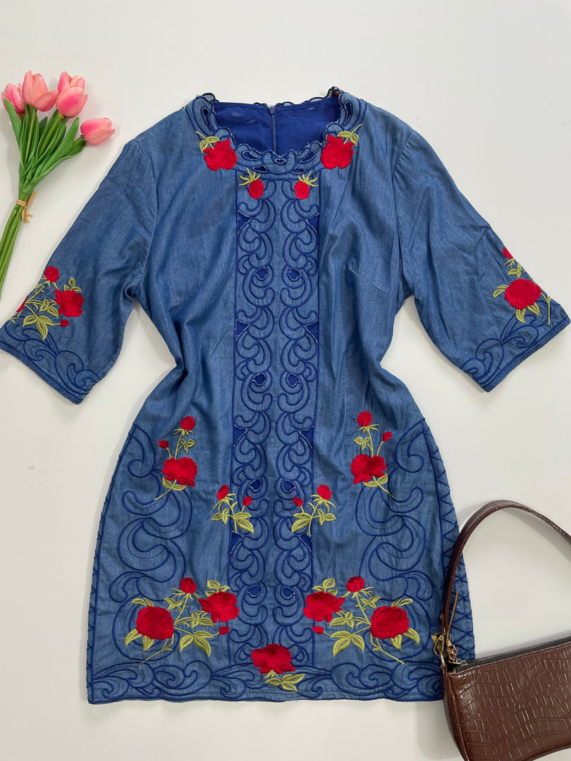 Embroidered Cutout Denim Dress-Bust 38