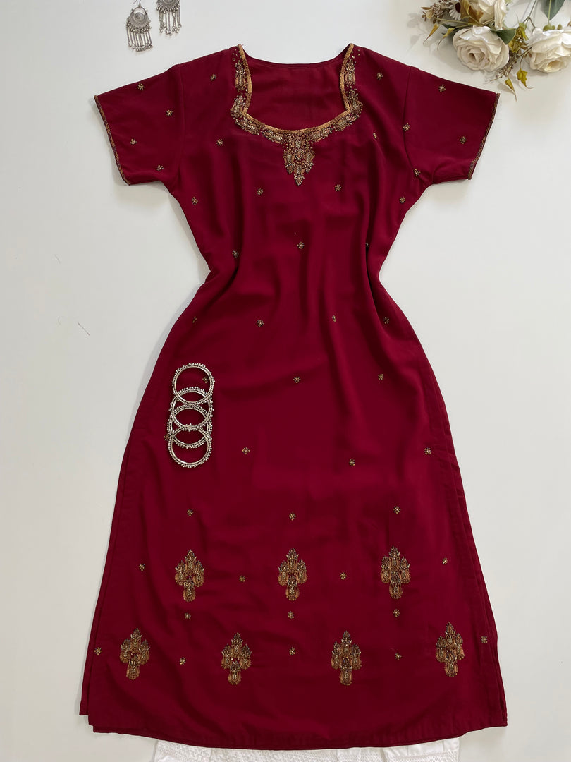 Maroon Hand Embroidered Kurti-Bust 38