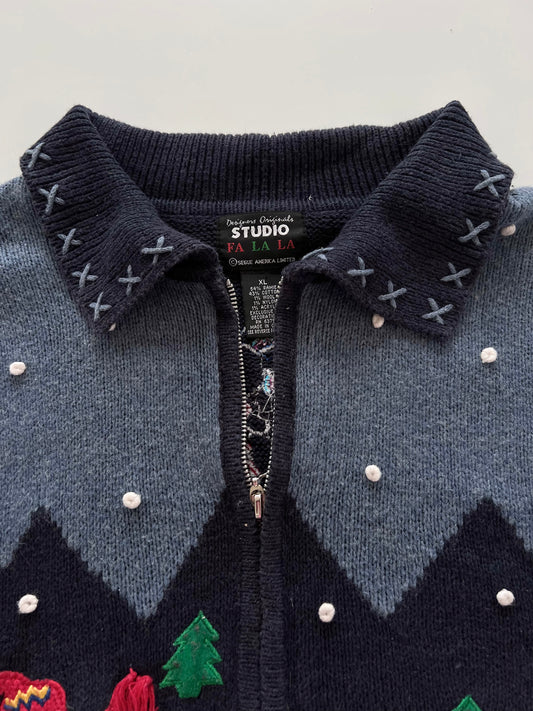Studio Embroidered Christmas Zipper Sweater-Bust 50