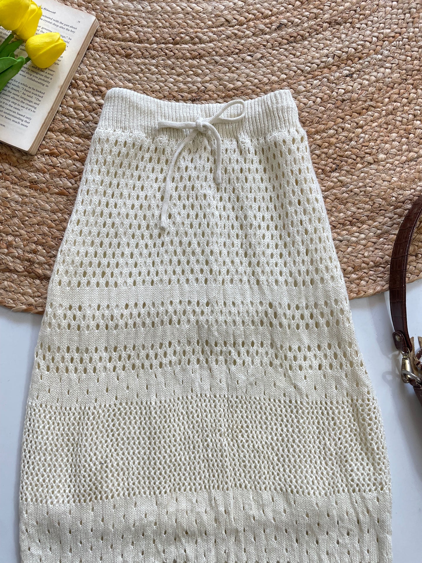 Off White Crochet Knit Long Skirt - Waist 24 to 28