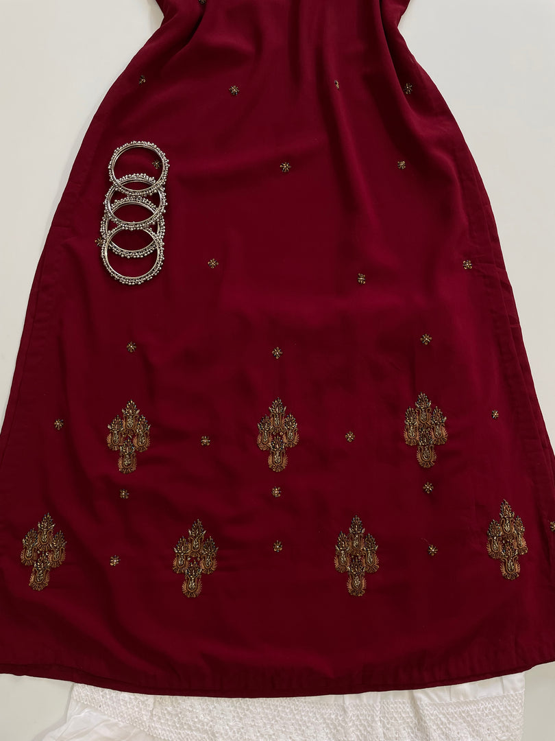 Maroon Hand Embroidered Kurti-Bust 38