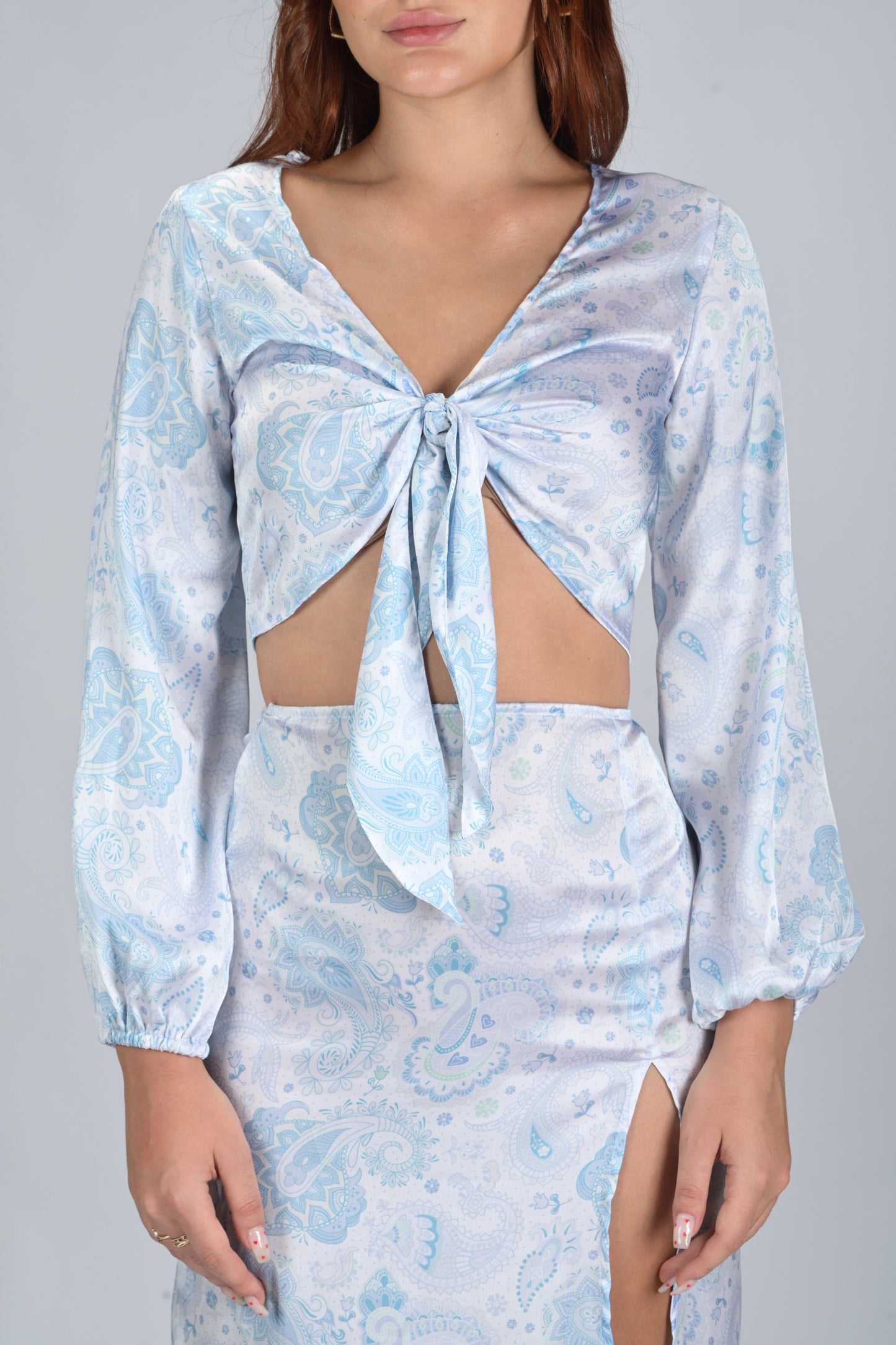 Satin Paisley Front Knot Top
