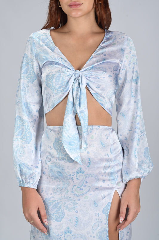 Satin Paisley Front Knot Top