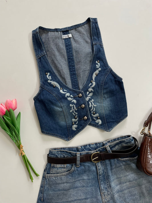 Crossroads Embroidered Denim Waistcoat - Bust 30