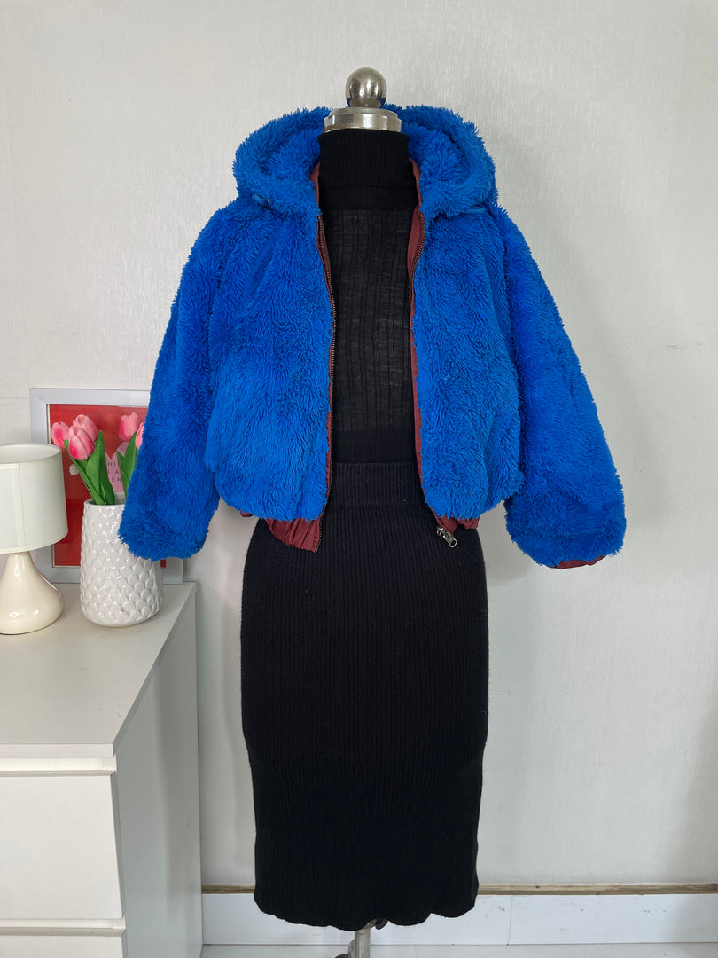 Blue Hooded Fur Jacket-Bust 38