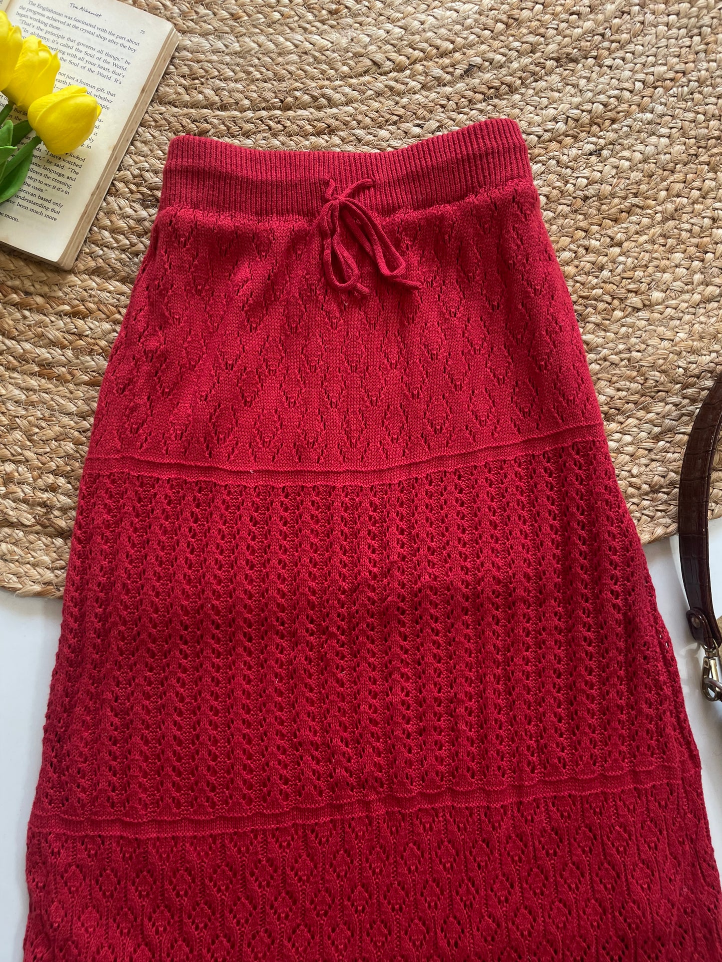 Uniqlo Cherry Red Crochet Knit Long Skirt - Waist 24 to 30