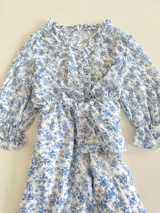 Baby Blue Flowers Ruffle Dress-Bust 34 to 38