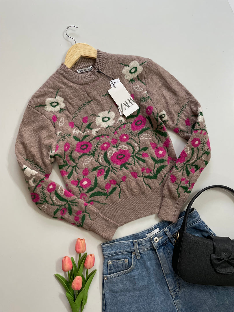 SUPER SOFT CHUNKY FLORAL BROWN SWEATER 30 to 36