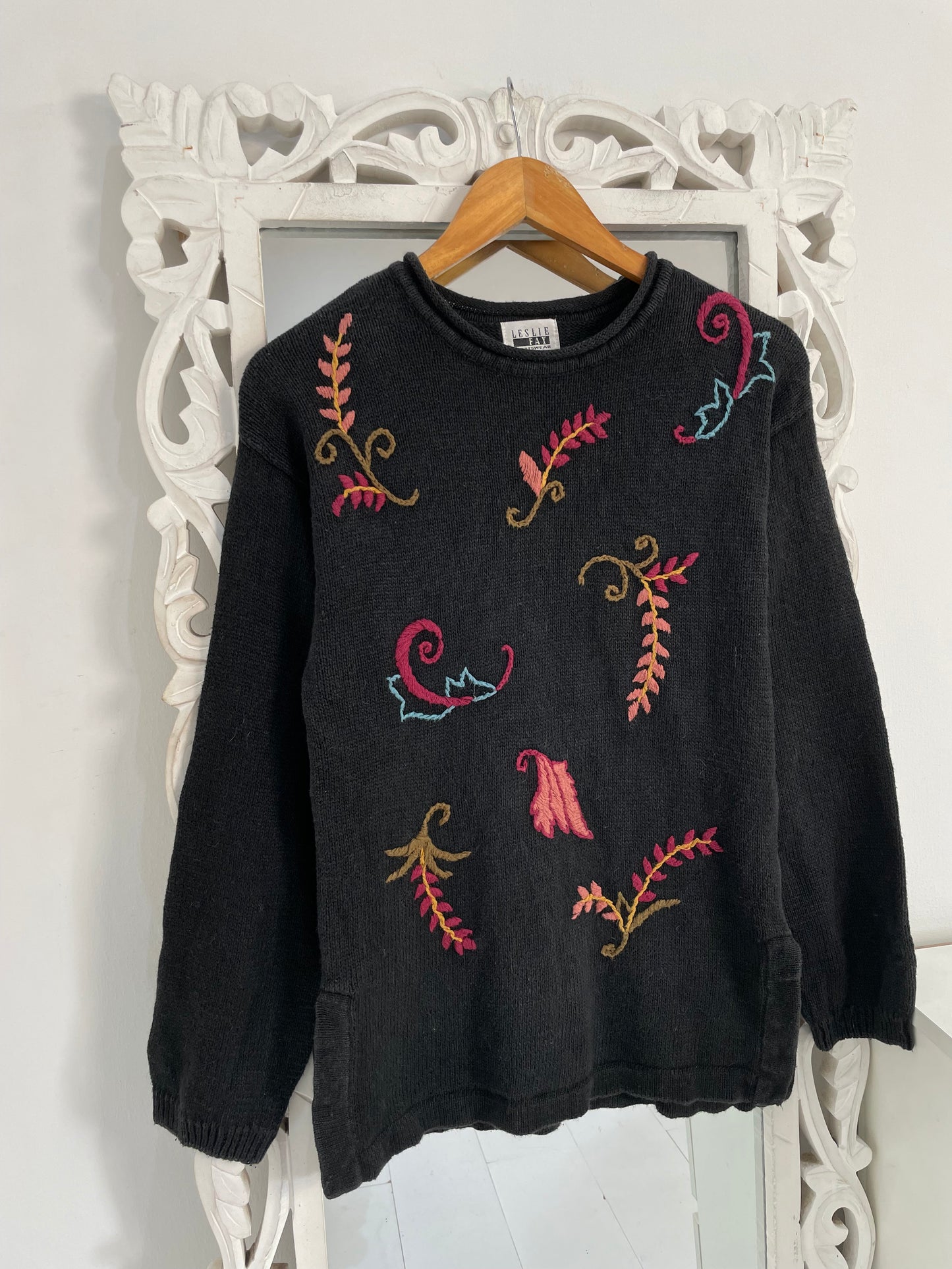 Leslie Fay Charcoal Grey Embroidered Vintage Sweater-Bust 34