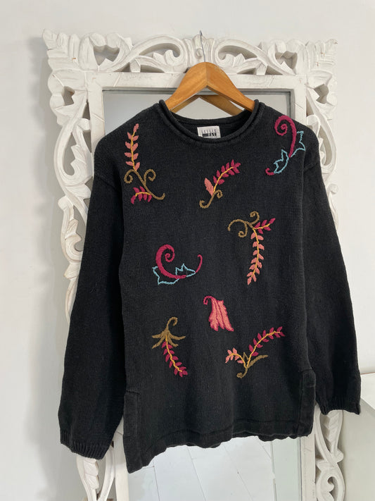 Leslie Fay Charcoal Grey Embroidered Vintage Sweater-Bust 34