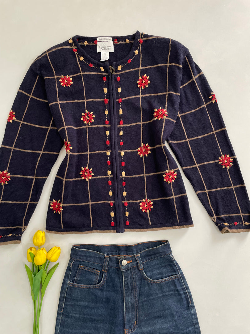 Christopher & Banks Hand Embroidered Zipper Sweater-Bust 44