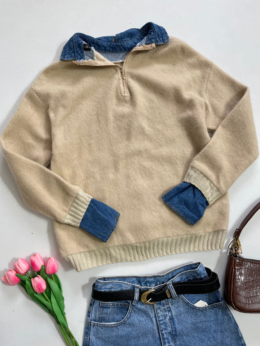 Denim Detailed Half Zip Soft Sweater-Bust 36 to 40