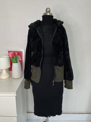 Black Hooded Fur Jacket-Bust 38