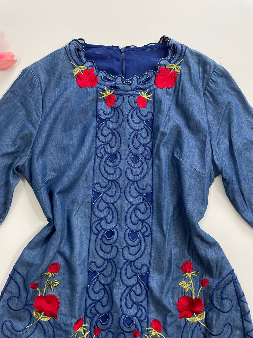 Embroidered Cutout Denim Dress-Bust 38